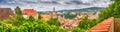 City landscape, panorama, banner - view over the historical part Cesky Krumlov with Vltava river in summer time Royalty Free Stock Photo