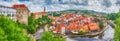 City landscape, panorama, banner - view over the historical part Cesky Krumlov with Vltava river in summer time