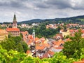 City landscape, panorama - view over the historical part Cesky Krumlov with Vltava river in summer time Royalty Free Stock Photo