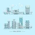 City landscape. Real estate and construction business concept with houses. Line style. Vector illustration. Royalty Free Stock Photo