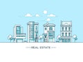 City landscape. Real estate and construction business concept with houses. Line style. Vector illustration. Royalty Free Stock Photo