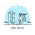 City landscape. Real estate and construction business concept with houses. Line style. Vector illustration. Royalty Free Stock Photo