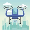 City landscape scene with drone with two airscrew flying and device camera Royalty Free Stock Photo