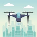 City landscape scene with modern drone with two airscrew flying with base and device camera Royalty Free Stock Photo