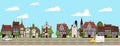 City landscape seamless horizontal illustration. Cityscape historical Center, suburban houses, downtown. Vector cartoon