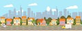 City landscape seamless horizontal illustration. Cityscape skyscrappers, suburban houses, downtown. Vector cartoon style