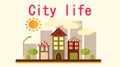 City landscape in a simple flat style with different tall houses and skyscrapers, lanterns and trees sky, sun and clouds Royalty Free Stock Photo