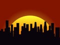 City landscape on a sunset background. Silhouette of skyscrapers and high-rise buildings. Sunrise or sunset. Vector Royalty Free Stock Photo