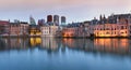 City Landscape, sunset panorama - view on pond Hofvijver and complex of buildings Binnenhof in from the city centre of The Hague Royalty Free Stock Photo