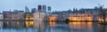 City Landscape, sunset panorama - view on pond Hofvijver and complex of buildings Binnenhof in from the city centre of The Hague Royalty Free Stock Photo