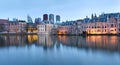 City Landscape, sunset panorama - view on pond Hofvijver and complex of buildings Binnenhof in from the city centre of The Hague Royalty Free Stock Photo