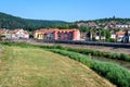 City landscape with Tarnava Mare River and blocks of flats in the center of Sighisoara, in Transylvania Transilvania region, Royalty Free Stock Photo