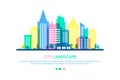 City landscape template. Flat style illustration in punchy pastels colors. Colored Buildings on white background Royalty Free Stock Photo