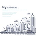 City landscape template. Thin line City landscape. Downtown landscape with high skyscrapers. Panorama architecture Royalty Free Stock Photo