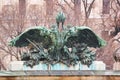 City landscape - view of the bronze statue closeup of the coat of arms of the Austrian empire