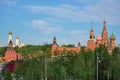 City landscape with view at Moscow Kremlin towers and St. Basil`s Cathedral