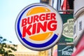 City landscape - view of the sign of a fast food restaurant of the Burger King chain on Wenceslas Square of Prague Royalty Free Stock Photo