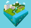 City landscape and water layer cross cut section map sea mountain river isometric Royalty Free Stock Photo