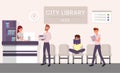 City library visitors flat vector illustration. Bearded man returning books cartoon character. Students revising for