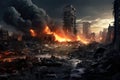 A city lies in ruins as flames and smoke fill the air, creating a scene of utter destruction, War city dangerous disaster, Royalty Free Stock Photo