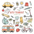 City life colorful sticker set of hand drawn doodles Royalty Free Stock Photo