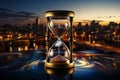 City life concept depicted by hourglass with morning cityscape background