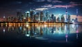 City life at dusk Skyscrapers illuminate the waterfront, reflecting in the water generated by AI Royalty Free Stock Photo