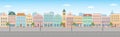 City life illustration with house facades, road and other urban details. Panoramic view.