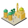 City life in isometric view. Mosque with minaret, urban building, trees, benches, men and women in muslim clothes