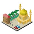 City life in isometric view. Mosque with minarets, urban building, trees, benches, cars men and women in muslim clothes