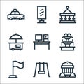 city life line icons. linear set. quality vector line set such as bank, swing, flag, fountain, office, kiosk, carousel, ad