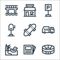 City life line icons. linear set. quality vector line set such as football field, newspaper, duck, garbage truck, skateboard,