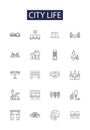 City life line vector icons and signs. metropolis, cosmopolitan, hustle, buzz, diversity, enterprise, nightlife, culture