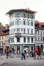 City life of Ljubljana in Slovenia. Historic building and people