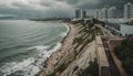 City life meets nature beauty in panoramic coastal skyline view generated by AI