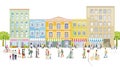 City life, with restaurants pedestrians and families at leisure, illustration