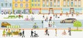 City life, with restaurants pedestrians and people at leisure, illustration