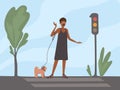 City life vector illustration with young woman walking down street with small dog on leash and talking by smartphone headset Royalty Free Stock Photo