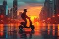 City life on wheels man enjoys electric scooter ride at dusk Royalty Free Stock Photo