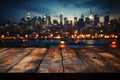 City lights backdrop Blurred night sky frames wooden table in urban ambiance