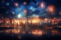 City lights dance Fireworks explode in nocturnal celebration over urban landscapes