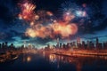 City lights dance Fireworks explode in nocturnal celebration over urban landscapes