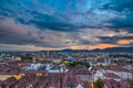 City lights of Graz and Mariahilfer church, view from the Schlossberg hill, in Graz, Styria region, Austria, after sunset. Royalty Free Stock Photo