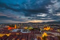 City lights of Graz and Mariahilfer church, view from the Schlossberg hill, in Graz, Styria region, Austria, after sunset. Royalty Free Stock Photo