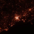 City lights map, top view from space. Aerial view on night street lights. Global networking, cyberspace Royalty Free Stock Photo