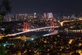 City light and night view above Istanbul, Turkey. Bosphorus brid