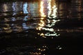 City lights reflect in the waters of the river at night. Background Royalty Free Stock Photo