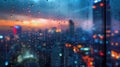 A city lights are reflected in the rain drops on a window, AI Royalty Free Stock Photo