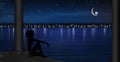 City lights reflection in water night scene landscape starry sky with moon making a wish girl silhouette