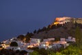 The city of Lindos and medieval fortifications at the top of the rock at night